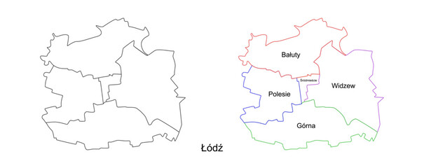 Vector map of Lodz and its districts. Highly detailed vector outline, black silhouette. All isolated on white background
