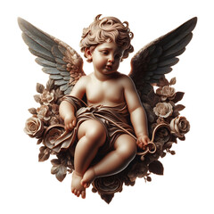 vintage romantic illustration of a cherub or cupid with bow and arrow isolated on a transparent background, generative ai
