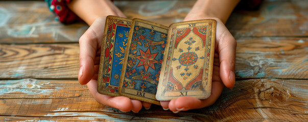 Hands holding 3 beautiful tarot and oracle card on wooden table, inviting users to seek guidance, self-reflection, and spiritual insights. These cards serve as powerful tools for divination.