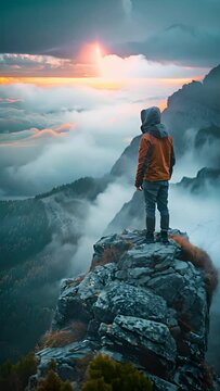 A man stands on the top of a mountain he has just climbed. Amidst the beautiful sea of mist view