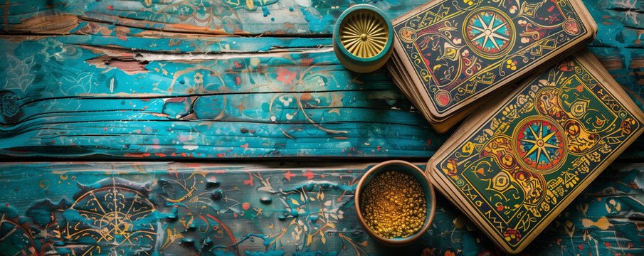 tarot and oracle cards displayed on painted wooden table, inviting users to seek guidance, self-reflection, and spiritual insights. These cards serve as powerful tools for divination.