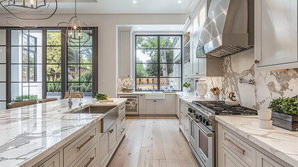 Transitional kitchen with marble countertops and sleek stainless steel appliances. 
