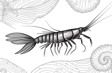 detailed line art drawing of a shrimp isolated on white background., engraving illustration.