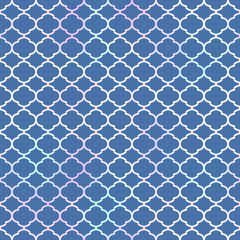 Moroccan seamless pattern. Blue Islamic background. Mosque window holographic gradient grid mosaic texture