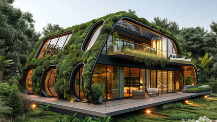 Sustainable eco-friendly home design with solar panels and recycled materials. 