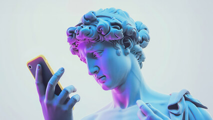 Ancient Greek marble man sculpture holds a phone in his hands and looks at the screen. Man statue communicates on a social network using a cellphone