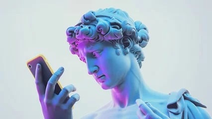 Foto op Plexiglas Ancient Greek marble man sculpture holds a phone in his hands and looks at the screen. Man statue communicates on a social network using a cellphone © Maxim Filitov