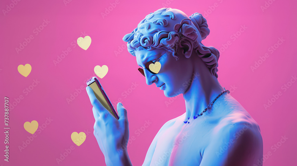 Wall mural ancient greek marble man sculpture in sunglasses receiving hearts on social media using cellphone. m