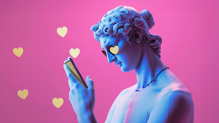 Ancient Greek marble man sculpture in sunglasses receiving hearts on social media using cellphone. Man statue communicates on a social network using a phone.