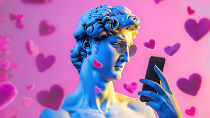 Ancient Greek marble man sculpture in sunglasses receiving hearts on social media using cellphone. Man statue communicates on a social network using a phone. - obrazy, fototapety, plakaty