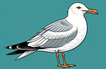 Obraz premium Seagull on ground isolated on turquoise background with orange beak, wings folded, illustration.