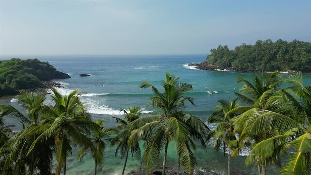 Tropical ocean lagoon with palms and turquoise water with waves good for surfing and full of surfers