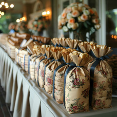 Obraz na płótnie Canvas Elegant Floral Gift Bags Lined Up at a Chic Event