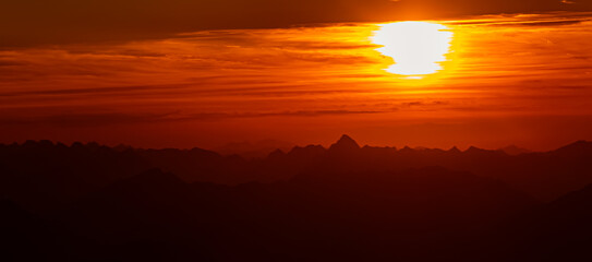 Alpine sunset or sundowner at Mount Zugspitze, Top of Germany, Garmisch-Partenkirchen, Bavaria,...