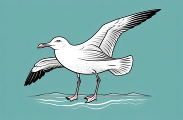 Obraz premium Seagull on ground isolated on turquoise background with orange beak, wings folded, illustration.