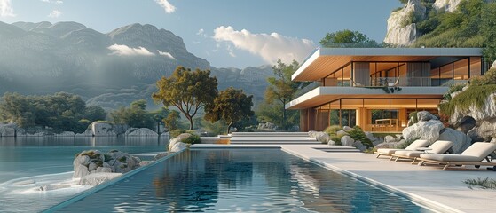 Elegant modern home with a swimming pool situated in a stunning area - obrazy, fototapety, plakaty