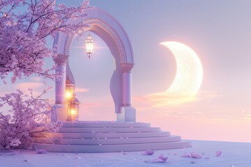  light purple islamic desktop wallpaper background with crescent moon and elegant lantern