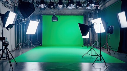 Fototapeta na wymiar Shooting studio with professional equipment and green screen