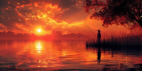 Fototapeta na wymiar As the sun sets over a quiet lake, a lone fisherman enjoys the serene beauty of the evening.