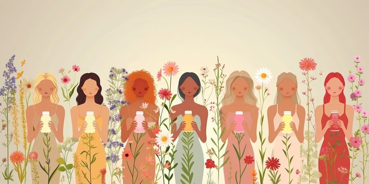 Illustration depicting a diverse group of young women celebrating friendship, fashion and beauty in a contemporary style.