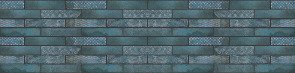 Blue brick subway tiles wall texture wide background banner panorama seamless pattern