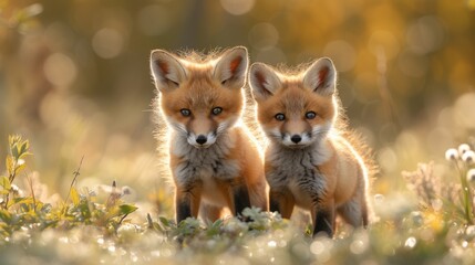 Playful Red Fox Kits in a Meadow: Adorable red fox kits frolicking in a sunlit meadow, capturing a heartwarming and playful moment