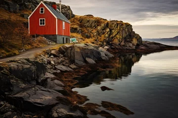 Rideaux velours Europe du nord a red house on a rocky shore