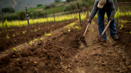 A vineyard worker carefully tills the soil between rows of gvines using natural and biodynamic ods to control weeds and maintain a healthy environment for the plants. This - obrazy, fototapety, plakaty