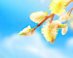 Spring sunny day. Blooming willow, and salix flowers on azure sky background