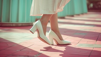 A chic white high heel shoe paired elegantly with feminine legs