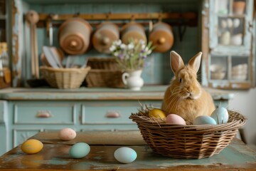 Happy Easter Eggs Basket kaleidoscopic. Bunny in flower easter Wildflower bunch decoration Garden. Cute hare 3d giggling easter rabbit spring illustration. Holy week Orange Peel card wallpaper texture