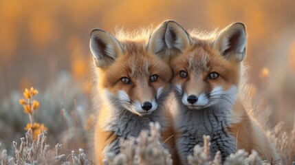 Playful Red Fox Kits in a Meadow: Adorable red fox kits frolicking in a sunlit meadow, capturing a heartwarming and playful moment