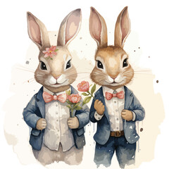 Obraz na płótnie Canvas Rabbits cute couple Watercolor illustration