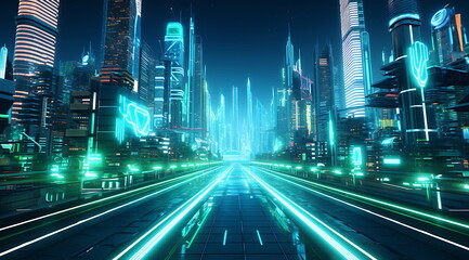 a futuristic city with a neon illuminated street, generative ai