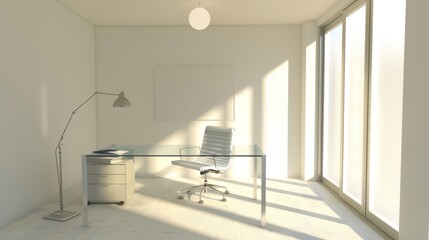 Minimalist Office with Glass Desk and Ergonomic Chair AI Generated.