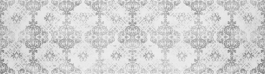 White gray grey retro vintage arabesque wallpaper tile wall texture background banner panorama with...