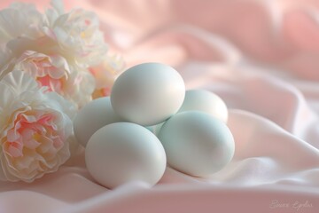 Happy Easter Eggs Basket egg carton. Bunny in flower easter pastel colors decoration Garden. Cute hare 3d radiant easter rabbit spring illustration. Holy week family tradition card wallpaper whimsical