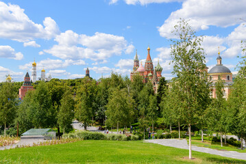 summer landscape of Moscow city center. Moscow Kremlin and St Basil's Cathedral view from Zaryadye...