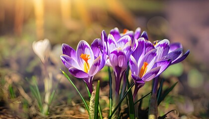 Fairytale sunlight on spring flower crocus. View of magic blooming spring flowers crocus growing in...