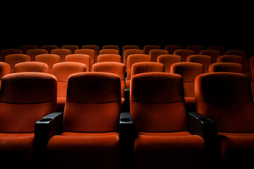 empty orange seats in cinema, domestic intimacy, zoom in, up close