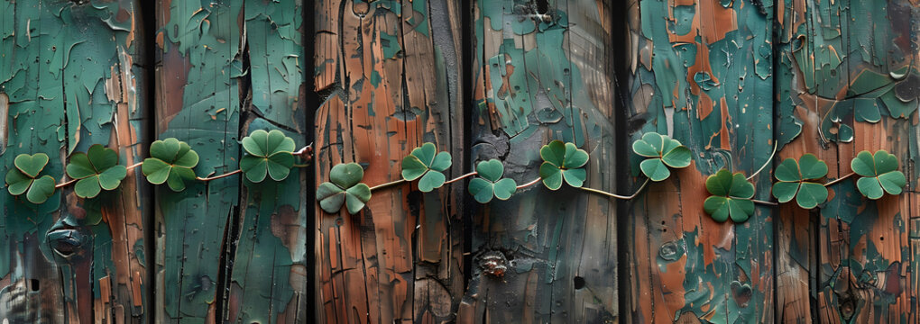 Wooden background with greenery. Boards with clover leaves and three-leafed shamrocks. Background for St. Patrick's Day, holiday symbol, Earth Day. Cover for banner, brochure, notepad.