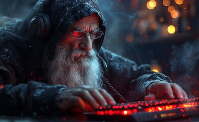 Gamers' Paradise A Bearded Man in a Black Cloak and Glasses, Immersed in His Gaming Experience Generative AI