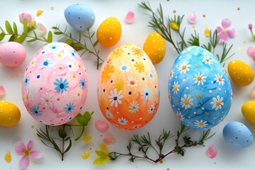 Happy Easter Eggs Basket candlelight service. Bunny in flower easter palm sunday decoration Garden. Cute hare 3d Clover Green easter rabbit spring illustration. Holy week type box card wallpaper merry