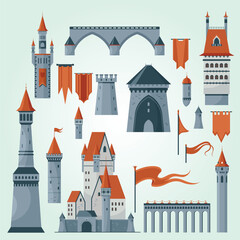 flat icons set medieval castle towers flags isolated white background illustration