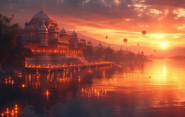 Obraz premium Glowing Lights and Hot Air Balloons A Spectacular Evening at the Palace Generative AI