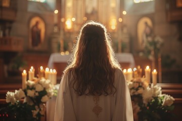 A female priest stands near the altar of a church, holding candles while giving a sermon.