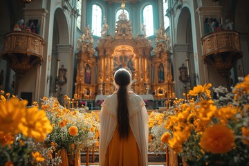 A female priest stands near the altar in a church, giving a sermon.