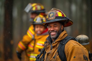 A fireman with a smile stands beside another fireman after a successful rescue.