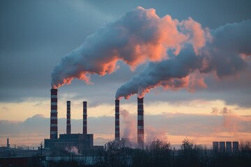 A factory scene showing multiple smoke stacks releasing emissions into the air.