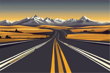 Road landscape View. Beautiful Landscape showing view of a road leading to city and hills. Landscape of a highway with mountains in the background. vacation trip. Vector Illustration. - obrazy, fototapety, plakaty